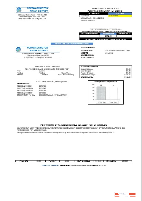 USA New York Port Washington Water District business utility bill template in Word and PDF formats